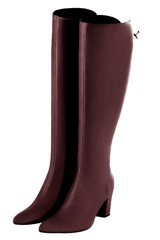 Custom-made women's burgundy red elegant knee-high boots, with laces at the back. Tapered toe. Medium block heels - Front view
